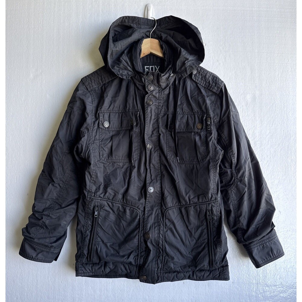 Vintage Fox Men’s Hooded Insulated Racer Moto Jacket Multi Pockets Black Medium